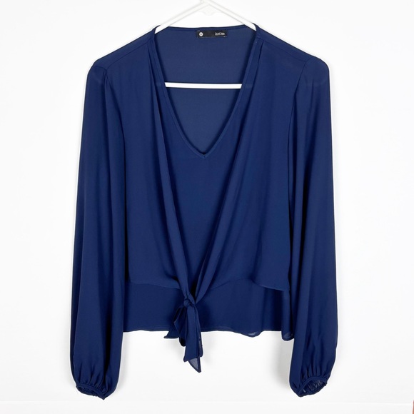krisa Tops - Krisa Top Size Small Navy Blue Chiffon Layered Tie Front Long Sleeve V Neck